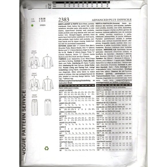 Vogue 2383 Mens 32 to 36 Tuxedo Jacket and Pants Vintage Uncut Sewing Pattern - Picture 2 of 2